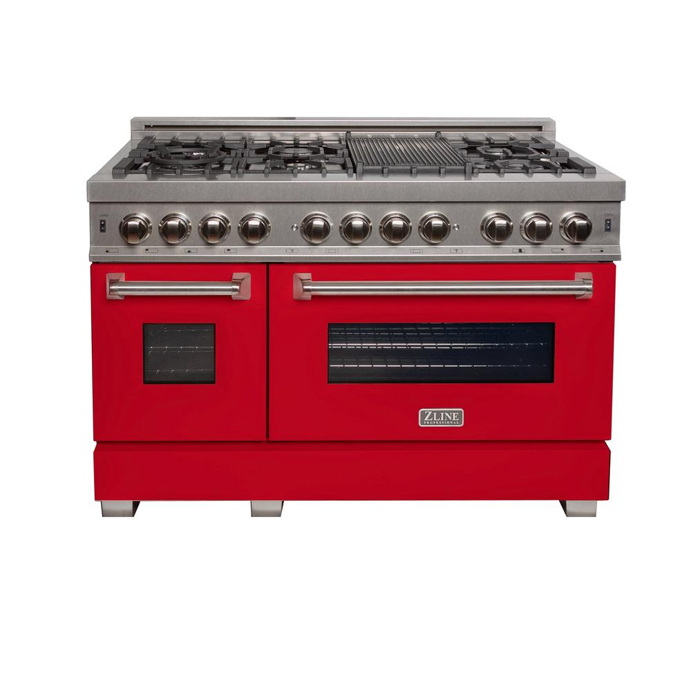 ZLINE 48 in. Kitchen Package with Satin Stainless Steel Dual Fuel Range with Red Matte Door and Convertible Vent Range Hood (2KP-RASRMRH48)