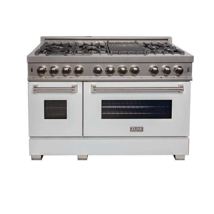 ZLINE 48 in. Kitchen Package with Satin Stainless Steel Dual Fuel Range with White Matte Door and Convertible Vent Range Hood (2KP-RASWMRH48)