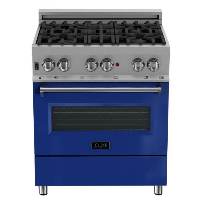 ZLINE 30" Dual Fuel Range in DuraSnow® with Blue Gloss Door & 30" Range Hood Appliance Package, 2KP-RASBGRH30