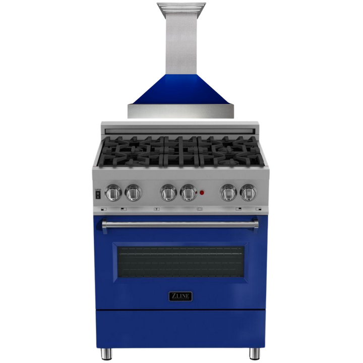 ZLINE 30" Dual Fuel Range in DuraSnow® with Blue Gloss Door & 30" Range Hood Appliance Package, 2KP-RASBGRH30