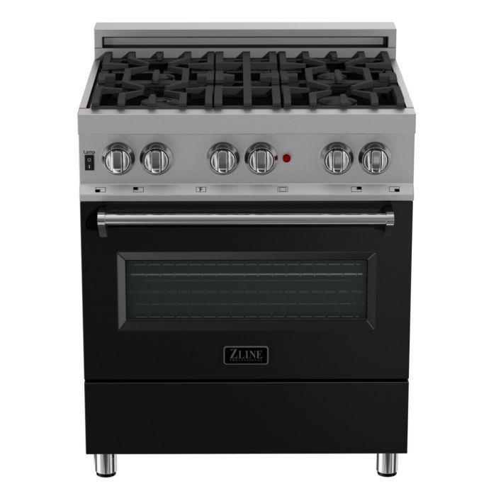 ZLINE 30 in. Dual Fuel Range in DuraSnow® with Black Matte Door & 30 in. Range Hood Appliance Package, 2KP-RASBLMRH30