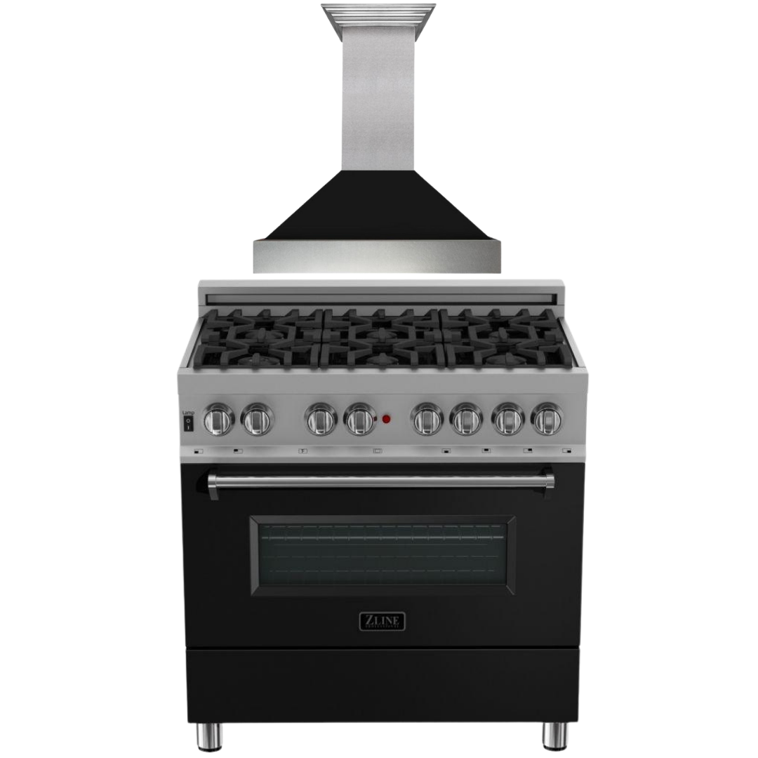 ZLINE 36" Dual Fuel Range in DuraSnow® with Black Matte Door & 36" Range Hood Appliance Package, 2KP-RASBLMRH36