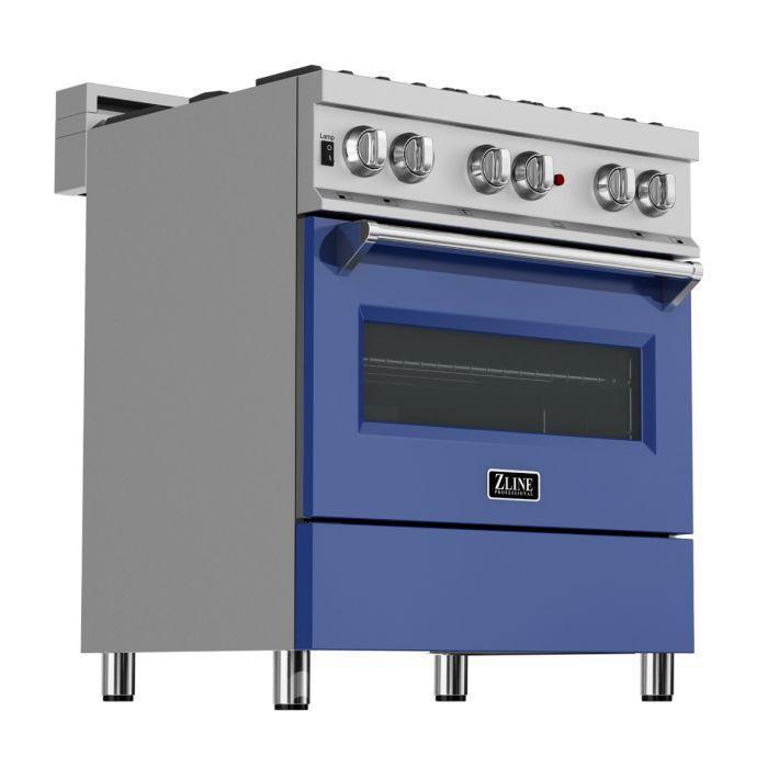 ZLINE 30" Dual Fuel Range in DuraSnow® with Blue Matte Door & 30" Range Hood Appliance Package, 2KP-RASBMRH30