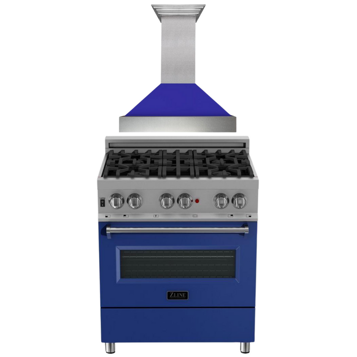 ZLINE 30" Dual Fuel Range in DuraSnow® with Blue Matte Door & 30" Range Hood Appliance Package, 2KP-RASBMRH30