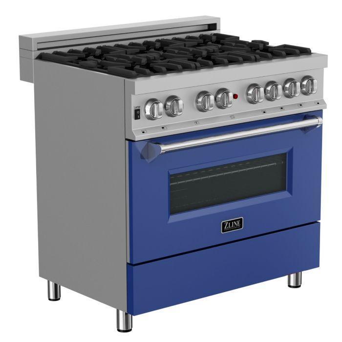 ZLINE 36" Dual Fuel Range with Blue Matte Door & 36" Range Hood Appliance Package, 2KP-RASBMRH36