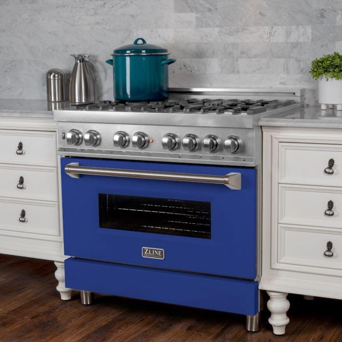 ZLINE 36" Dual Fuel Range with Blue Matte Door & 36" Range Hood Appliance Package, 2KP-RASBMRH36