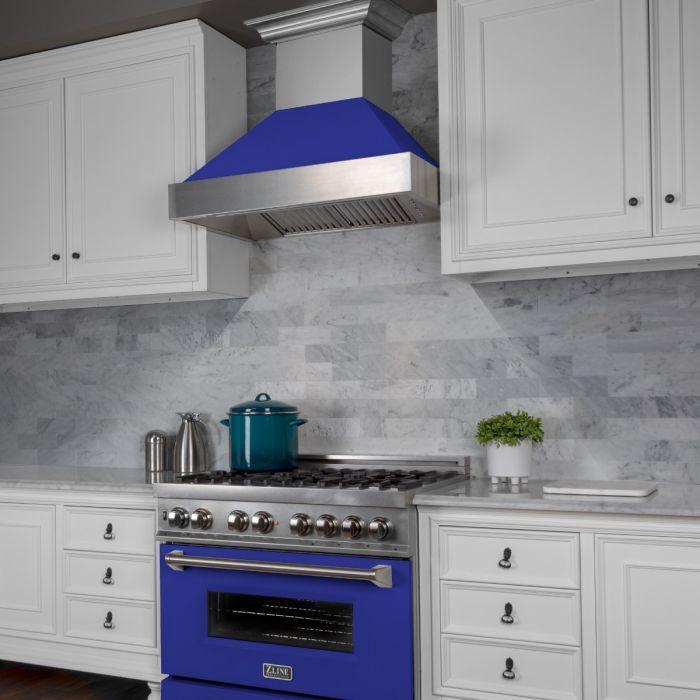 ZLINE 36" Dual Fuel Range with Blue Matte Door & 36" Range Hood Appliance Package, 2KP-RASBMRH36