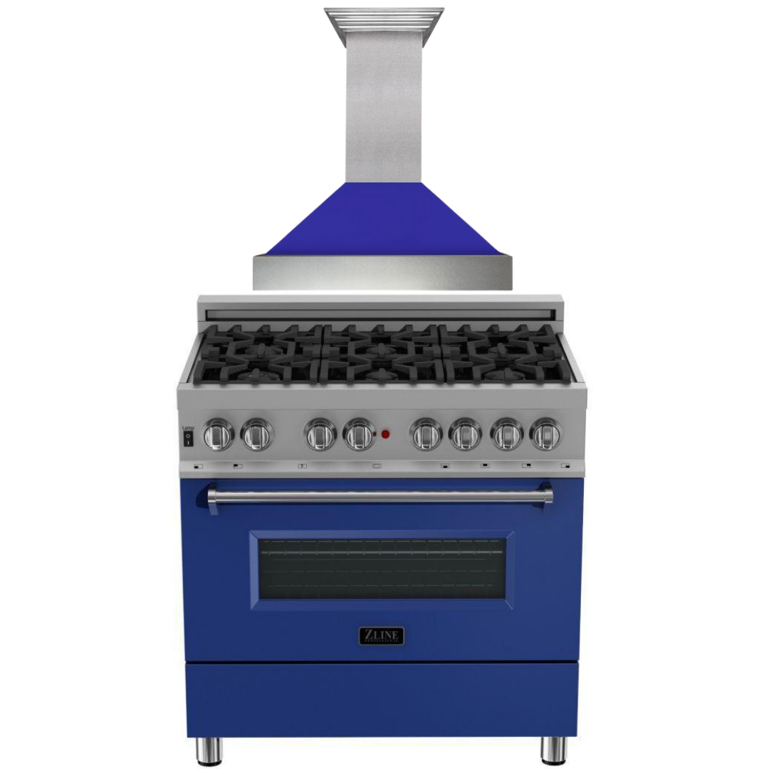 ZLINE 36" Dual Fuel Range with Blue Matte Door & 36" Range Hood Appliance Package, 2KP-RASBMRH36