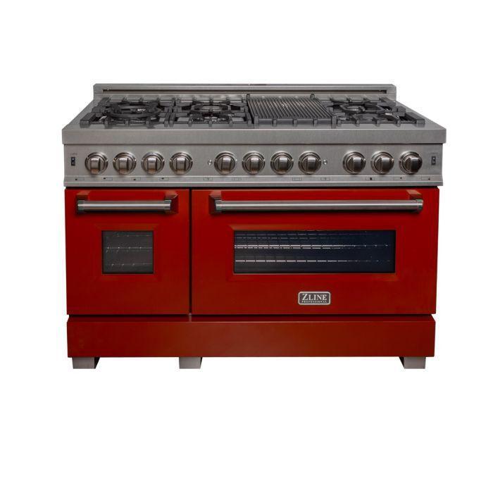 ZLINE 48 in. Dual Fuel Range with Red Gloss Door & 48 in. Range Hood Appliance Package, 2KP-RASRGRH48