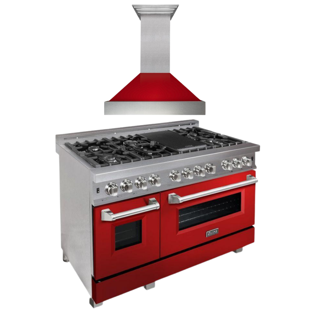 ZLINE 48 in. Dual Fuel Range with Red Gloss Door & 48 in. Range Hood Appliance Package, 2KP-RASRGRH48