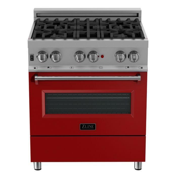 ZLINE 30" Dual Fuel Range in DuraSnow® with Red Matte Door & 30" Range Hood Appliance Package, 2KP-RASRMRH30