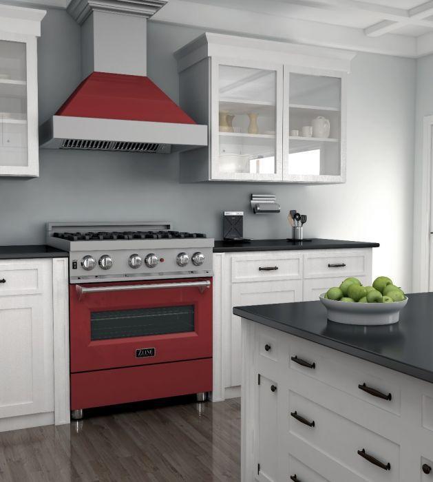 ZLINE 30" Dual Fuel Range in DuraSnow® with Red Matte Door & 30" Range Hood Appliance Package, 2KP-RASRMRH30