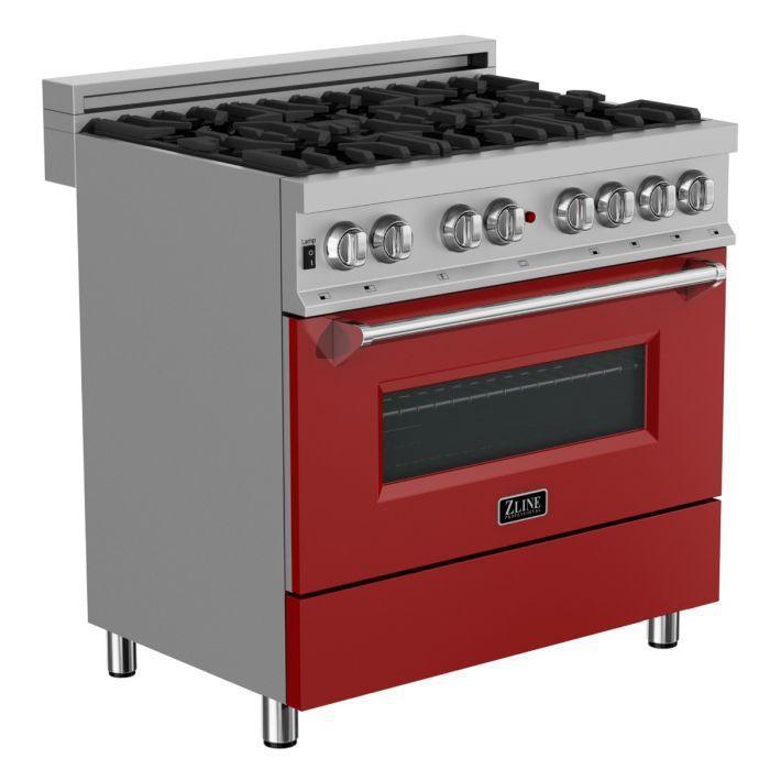 ZLINE 36" Dual Fuel Range in DuraSnow® with Red Matte Door & 36" Range Hood Appliance Package, 2KP-RASRMRH36