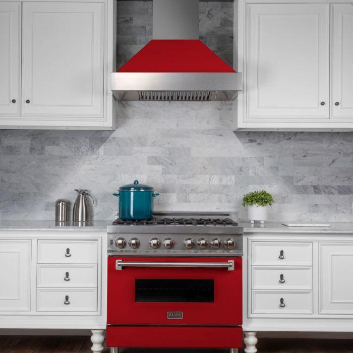 ZLINE 36" Dual Fuel Range in DuraSnow® with Red Matte Door & 36" Range Hood Appliance Package, 2KP-RASRMRH36