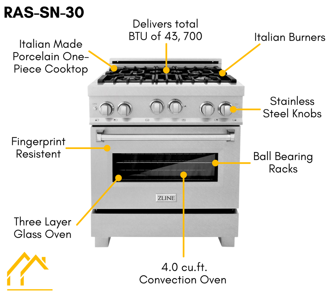 ZLINE 30 in. Dual Fuel Range and Range Hood DuraSnow® Stainless Steel Appliance Package, 2KP-RASSNRH30