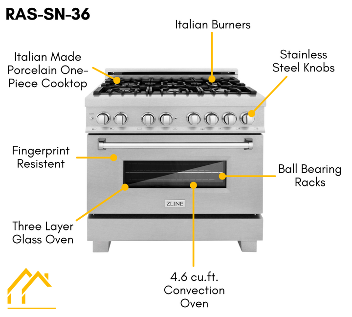 ZLINE Kitchen and Bath 36 in. Professional Gas Burner/Electric Oven in DuraSnow® Stainless with DuraSnow® Stainless Door, RAS-SN-36