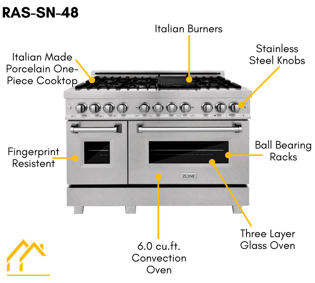 ZLINE 48 in. Kitchen Appliance Package with DuraSnow® Stainless Dual Fuel Range, Ducted Vent Range Hood and Tall Tub Dishwasher, 3KP-RASRH48-DWV