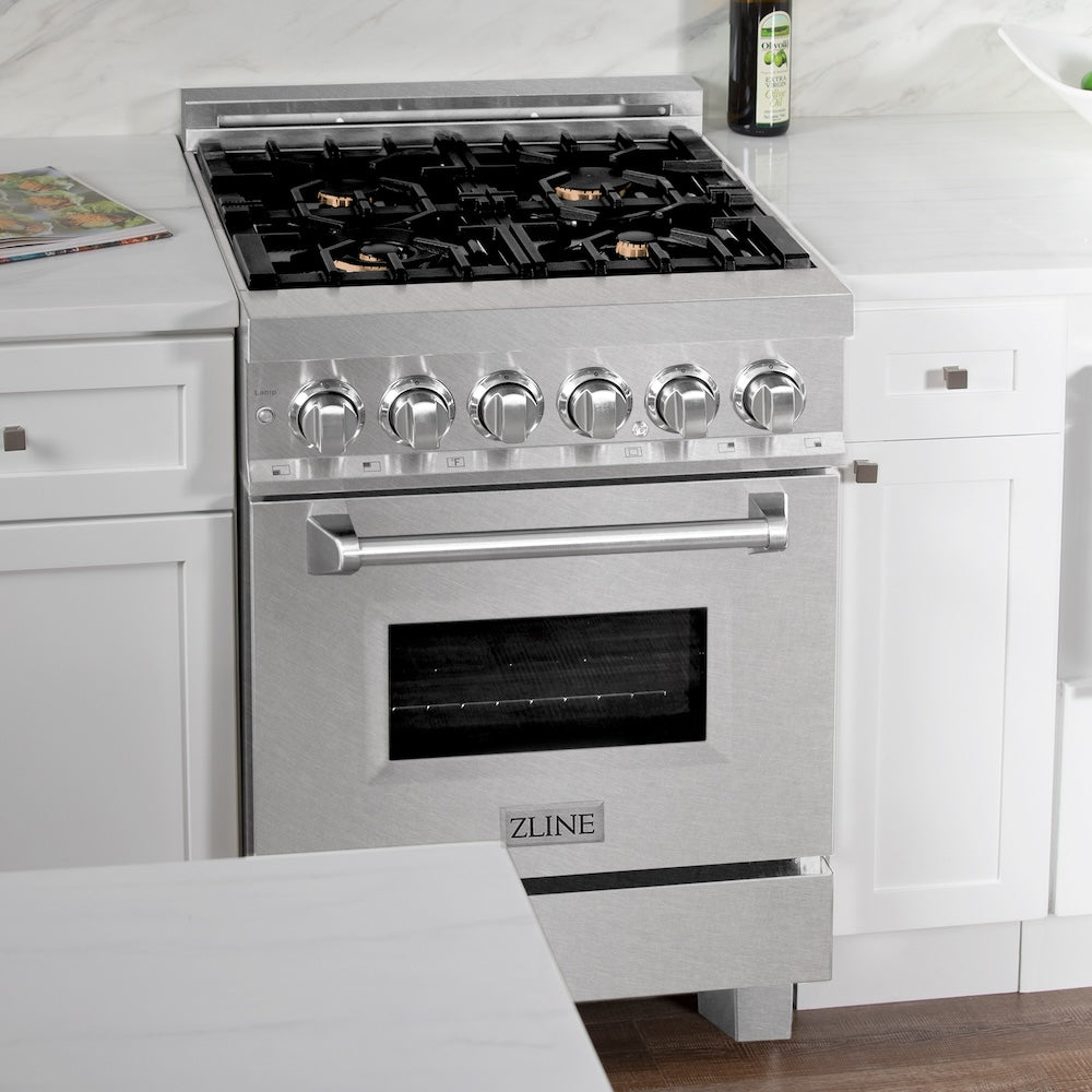 ZLINE 24 in. 2.8 cu. ft. Legacy Dual Fuel Range with Gas Cooktop and Electric Convection Oven in Satin Stainless Steel with 4 Brass Burners (RAS-SN-BR-24)