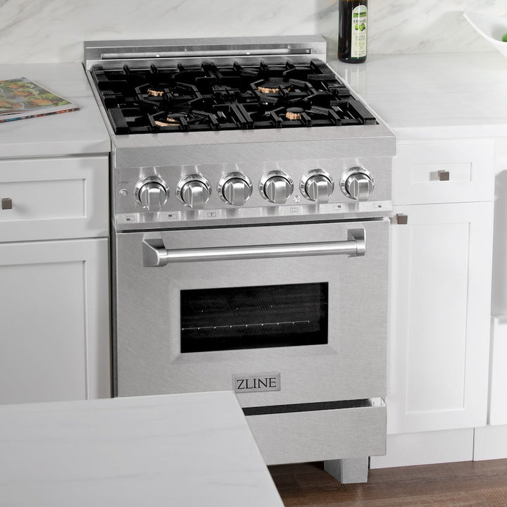 ZLINE 24 in. 2.8 cu. ft. Legacy Dual Fuel Range with Gas Cooktop and Electric Convection Oven in Satin Stainless Steel with 4 Brass Burners (RAS-SN-BR-24)