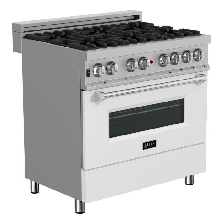 ZLINE 36" Dual Fuel Range in DuraSnow® with White Matte Door & 36" Range Hood Appliance Package, 2KP-RASWMRH36