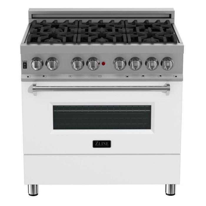 ZLINE 36" Dual Fuel Range in DuraSnow® with White Matte Door & 36" Range Hood Appliance Package, 2KP-RASWMRH36