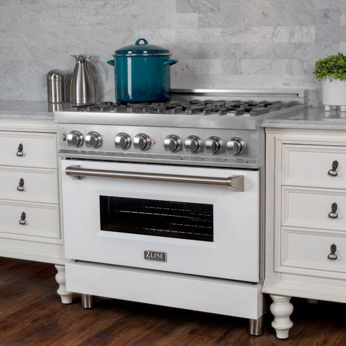 ZLINE 36" Dual Fuel Range in DuraSnow® with White Matte Door & 36" Range Hood Appliance Package, 2KP-RASWMRH36