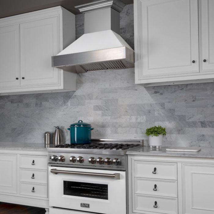 ZLINE 36" Dual Fuel Range in DuraSnow® with White Matte Door & 36" Range Hood Appliance Package, 2KP-RASWMRH36