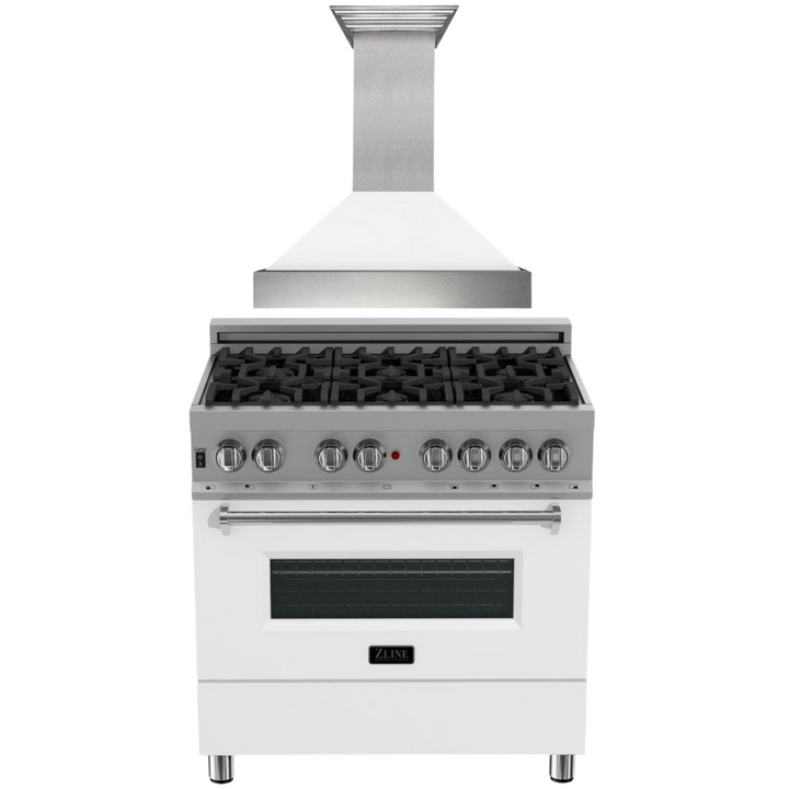 ZLINE 36" Dual Fuel Range in DuraSnow® with White Matte Door & 36" Range Hood Appliance Package, 2KP-RASWMRH36