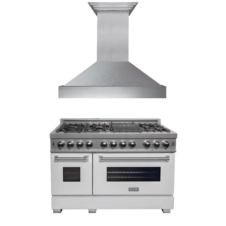ZLINE 48 in. Kitchen Package with Satin Stainless Steel Dual Fuel Range with White Matte Door and Convertible Vent Range Hood (2KP-RASWMRH48)