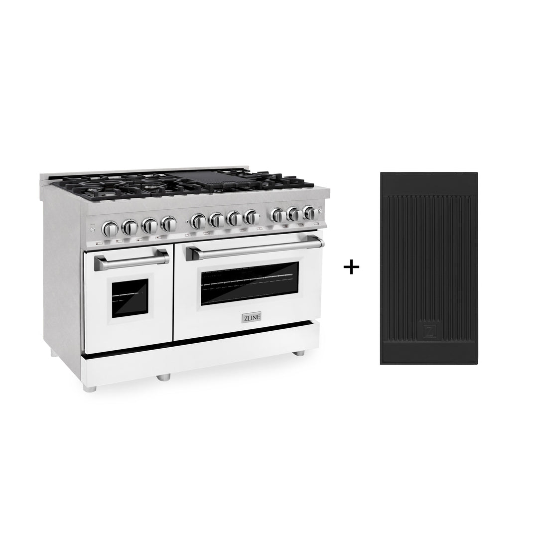 ZLINE 48" 6.0 cu. ft. Gas Burner, Electric Oven with Griddle and White Matte Door in DuraSnow® Stainless Steel, RAS-WM-GR-48