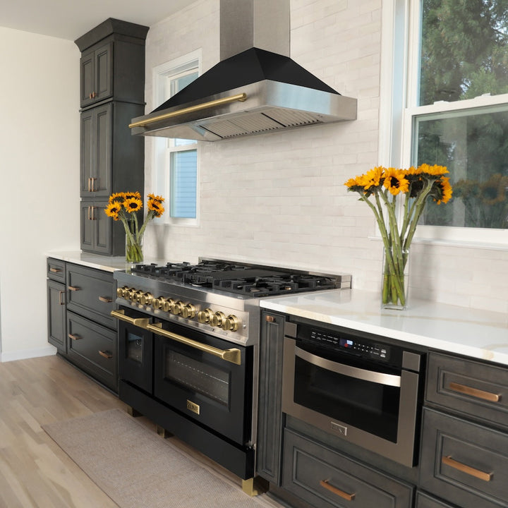 ZLINE Autograph Edition 48 in. 6.0 cu. ft. Legacy Dual Fuel Range with 7 Burner Gas Cooktop and 2 Electric Ovens in Satin Stainless Steel with Black Matte Doors and Polished Gold Accents (RASZ-BLM-48-G)