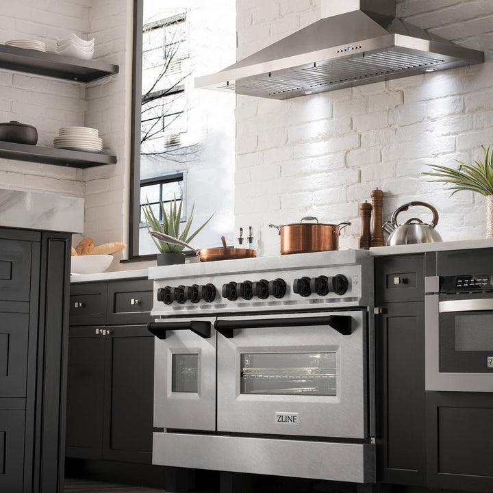 ZLINE Autograph Edition 48 in. 6.0 cu. ft. Legacy Dual Fuel Range with 7 Burner Gas Cooktop and 2 Electric Ovens in Satin Stainless Steel and Matte Black Accents (RASZ-SN-48-MB)
