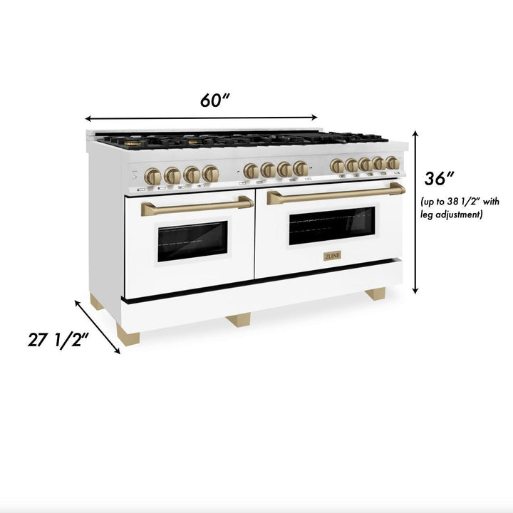 ZLINE Autograph 60" 7.4 cu. ft. Dual Fuel Range with White Matte Door and Bronze Accents, RAZ-WM-60-CB