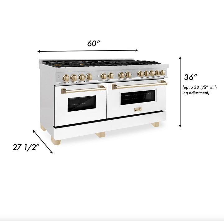 ZLINE Autograph 60" 7.4 cu. ft. Dual Fuel Range with White Matte Door and Gold Accents, RAZ-WM-60-G