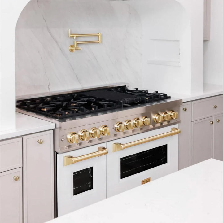 ZLINE Autograph Edition 24", 30", 36", 48", &amp; 60" Legacy Dual Fuel Range with White Matte Doors—Champagne Bronze, Polished Gold, and Matte Black Accents RAZ-WM Series.