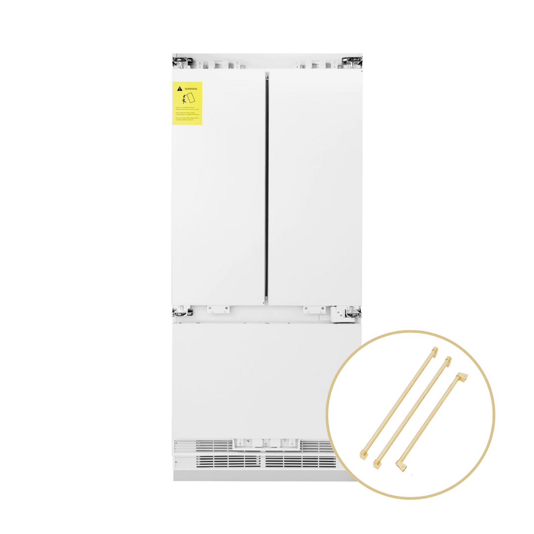 ZLINE Autograph 36" 19.6 cu. ft. Panel Ready Built-in 3-Door French Door Refrigerator with Internal Water and Ice Dispenser with Gold Handles, RBIVZ-36-G