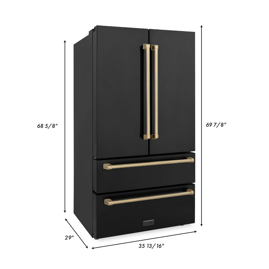 ZLINE 36" Autograph Edition Counter-Depth French Door Refrigerator with Ice Maker in Fingerprint-Resistant Black Stainless Steel and Champagne Bronze Traditional Handles
