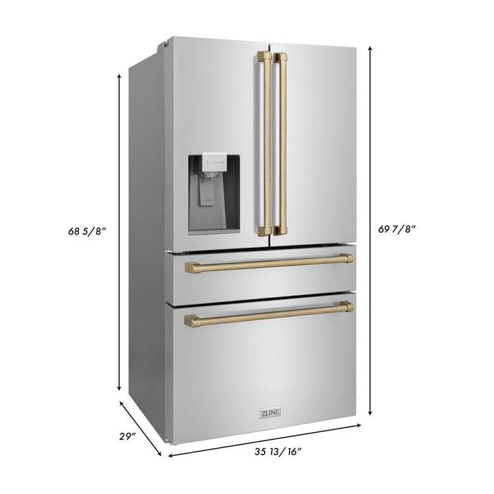 ZLINE Autograph Edition 36 in. Kitchen Package with Stainless Steel Dual Fuel Range, Range Hood, Dishwasher and Refrigerator Including External Water Dispenser with Champagne Bronze Accents (4AKPR-RARHDWM36-CB)