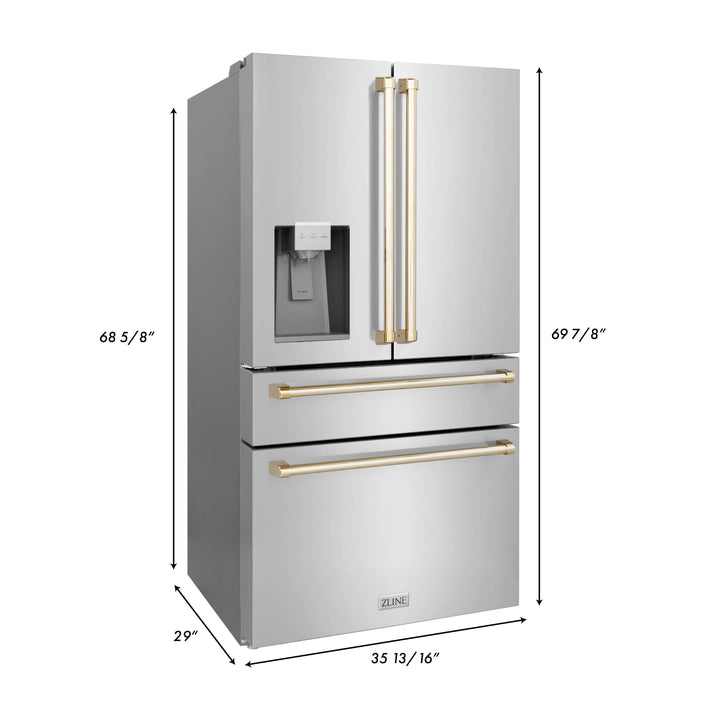 ZLINE 36" Autograph Edition Counter-Depth French Door Refrigerator with Water and Ice Dispenser in Fingerprint-Resistant Stainless Steel with Polished Gold Traditional Handles