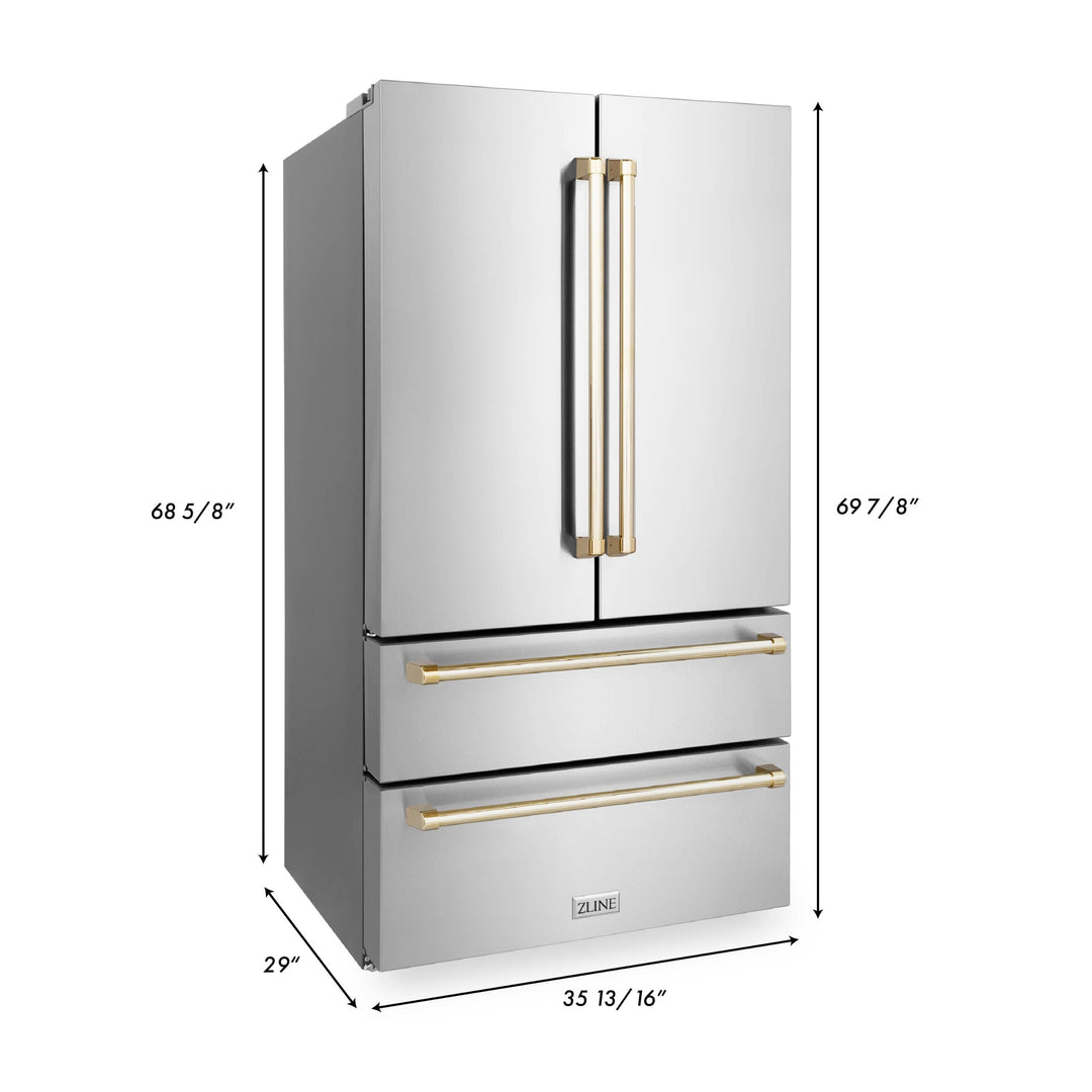 ZLINE 36" Autograph Edition Counter-Depth French Door Refrigerator with Ice Maker in Fingerprint-Resistant Stainless Steel with Polished Gold Traditional Handles