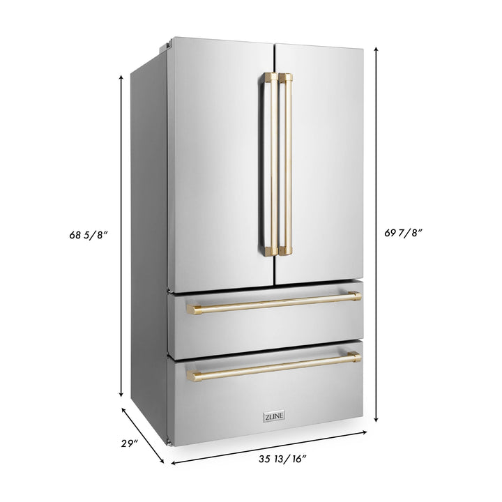 ZLINE 36" Autograph Edition Counter-Depth French Door Refrigerator with Ice Maker in Fingerprint-Resistant Stainless Steel with Polished Gold Traditional Handles