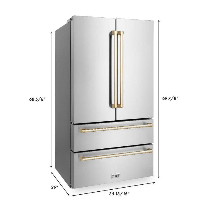 ZLINE Autograph Edition 48 in. Kitchen Package with Stainless Steel Dual Fuel Range, Range Hood, Dishwasher and Refrigerator with Polished Gold Accents (4KAPR-RARHDWM48-G)