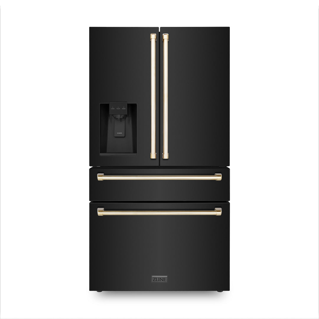 ZLINE Autograph Package - 30" Dual Fuel Range, Range Hood, Refrigerator, Dishwasher in Black Stainless with Gold Accents