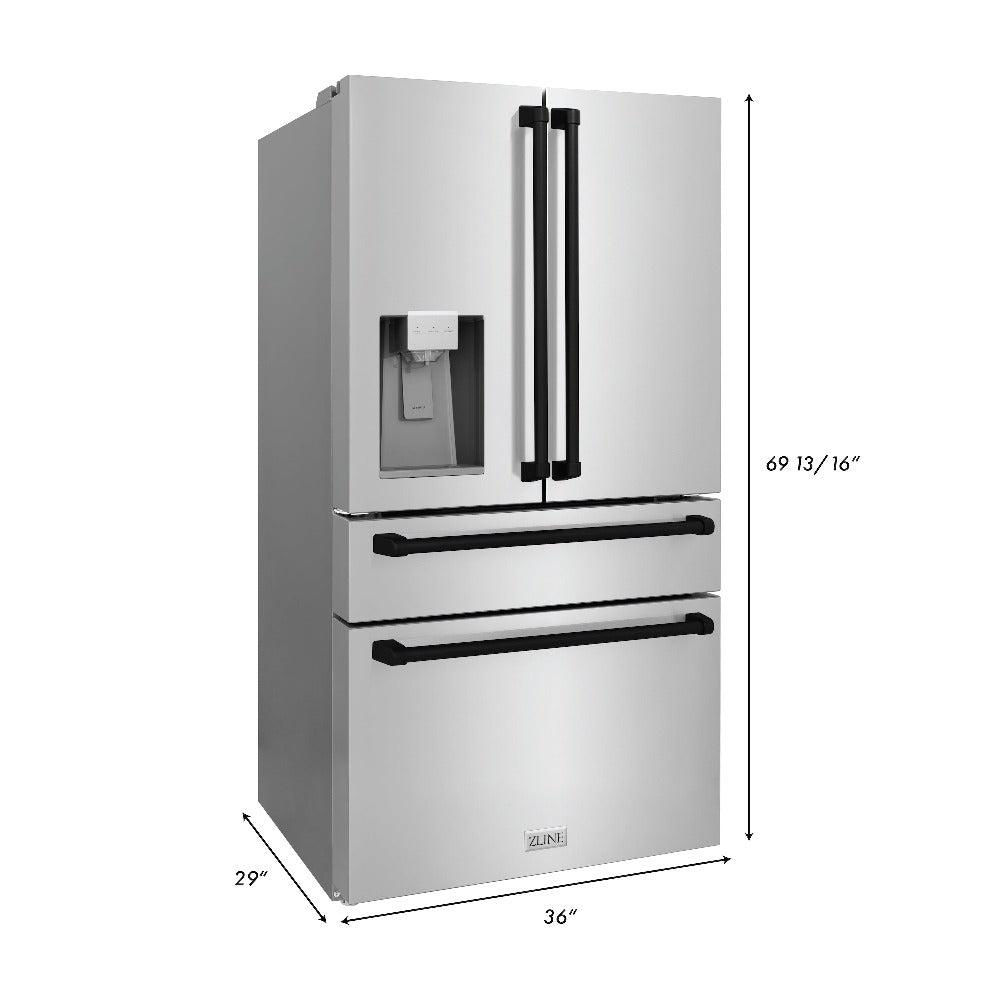 ZLINE Autograph Edition 36 in. Kitchen Package with Stainless Steel Dual Fuel Range, Range Hood, Dishwasher and Refrigerator Including External Water Dispenser with Matte Black Accents (4AKPR-RARHDWM36-MB)