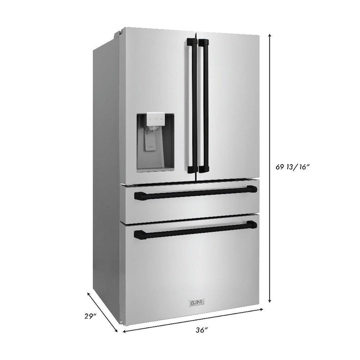 ZLINE Autograph Edition 36 in. Kitchen Package with Stainless Steel Dual Fuel Range, Range Hood, Dishwasher and Refrigerator Including External Water Dispenser with Matte Black Accents (4AKPR-RARHDWM36-MB)