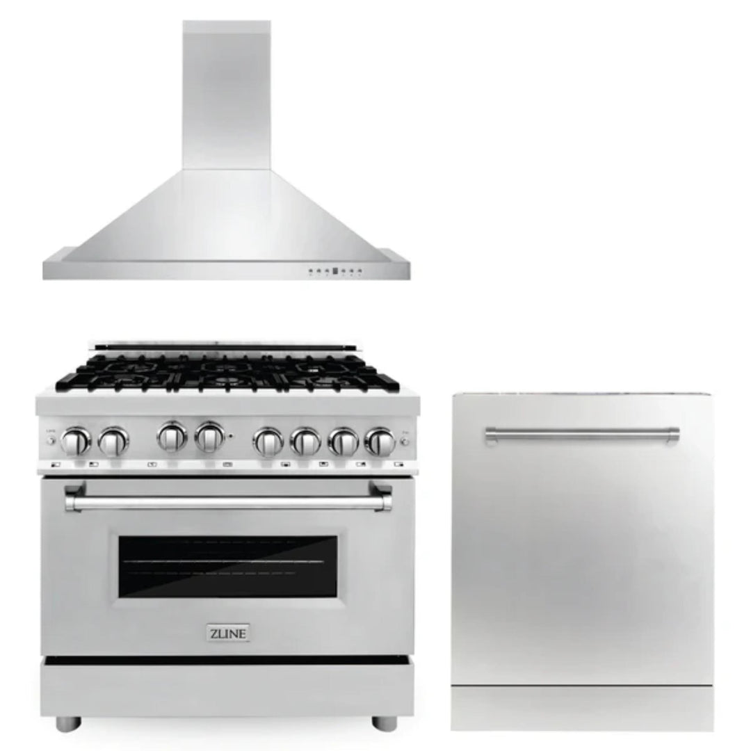 ZLINE 30" &amp; 36" Kitchen Packages with Stainless Steel Gas Range, Convertible Vent Range Hood, and Dishwasher