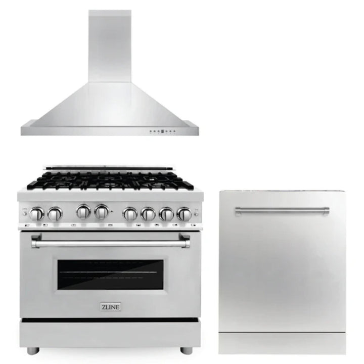 ZLINE 30" &amp; 36" Kitchen Packages with Stainless Steel Gas Range, Convertible Vent Range Hood, and Dishwasher