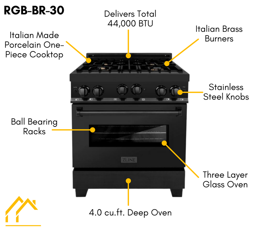 ZLINE 30 in. Kitchen Appliance Package with Black Stainless Steel Gas Range, Range Hood, Microwave Drawer and Dishwasher, 4KP-SGRBRH30-MWDW