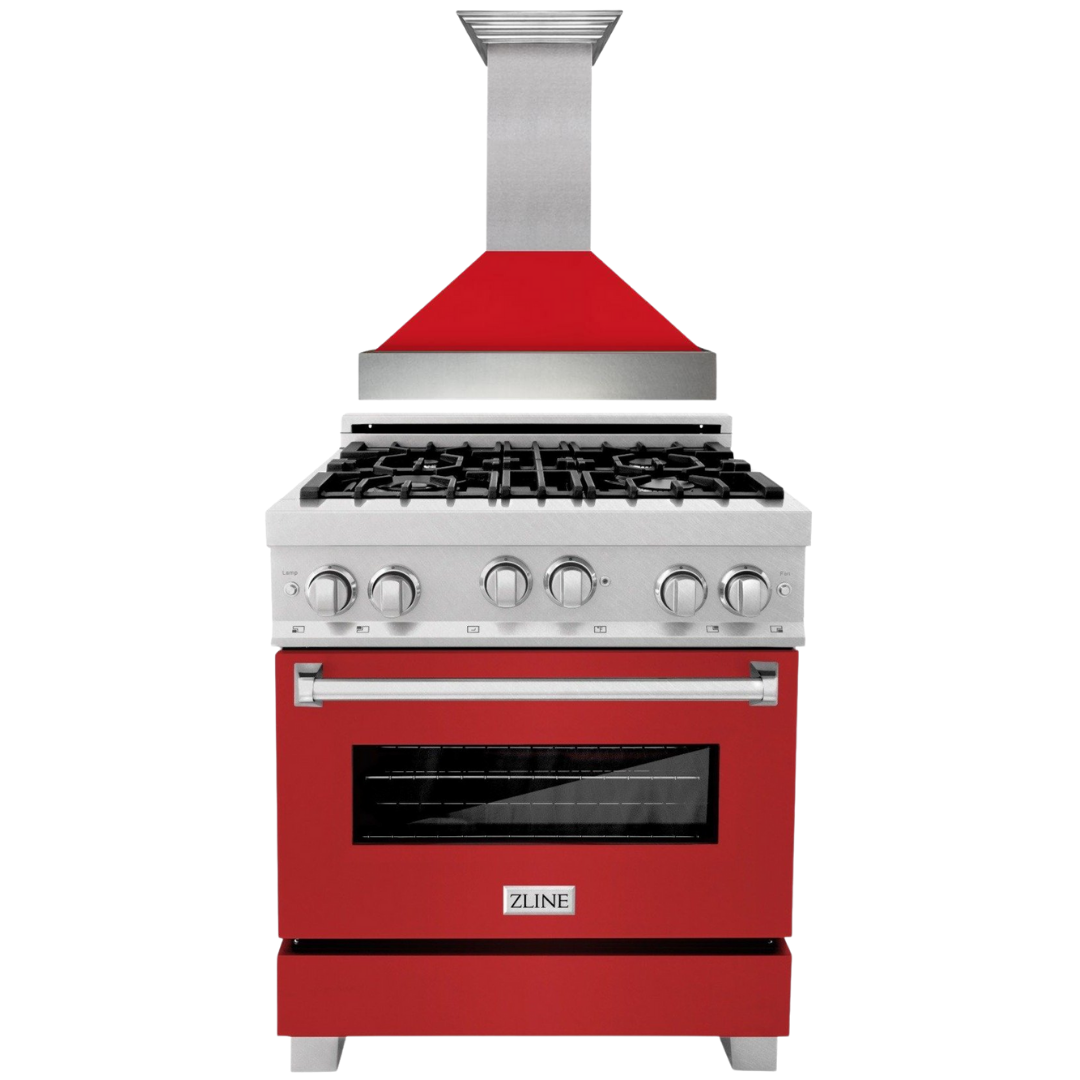 ZLINE 30" Dual Fuel Range in DuraSnow® with Red Matte Door & 30" Range Hood Appliance Package, 2KP-RASRMRH30