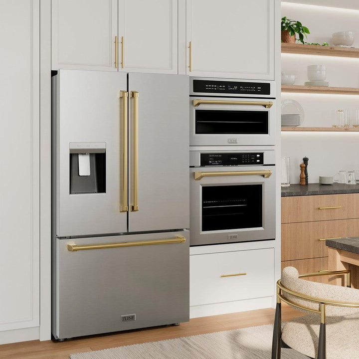 ZLINE Autograph Edition 36 in. 28.9 cu. ft. Standard-Depth French Door External Water Dispenser Refrigerator with Dual Ice Maker in Fingerprint-Resistant Stainless Steel and Polished Gold Traditional Handles (RSMZ-W-36-G)